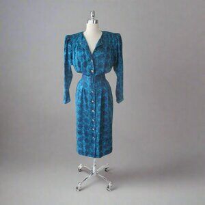 Vintage 80s Adrianna Papell Teal Argyle Silk Dress M